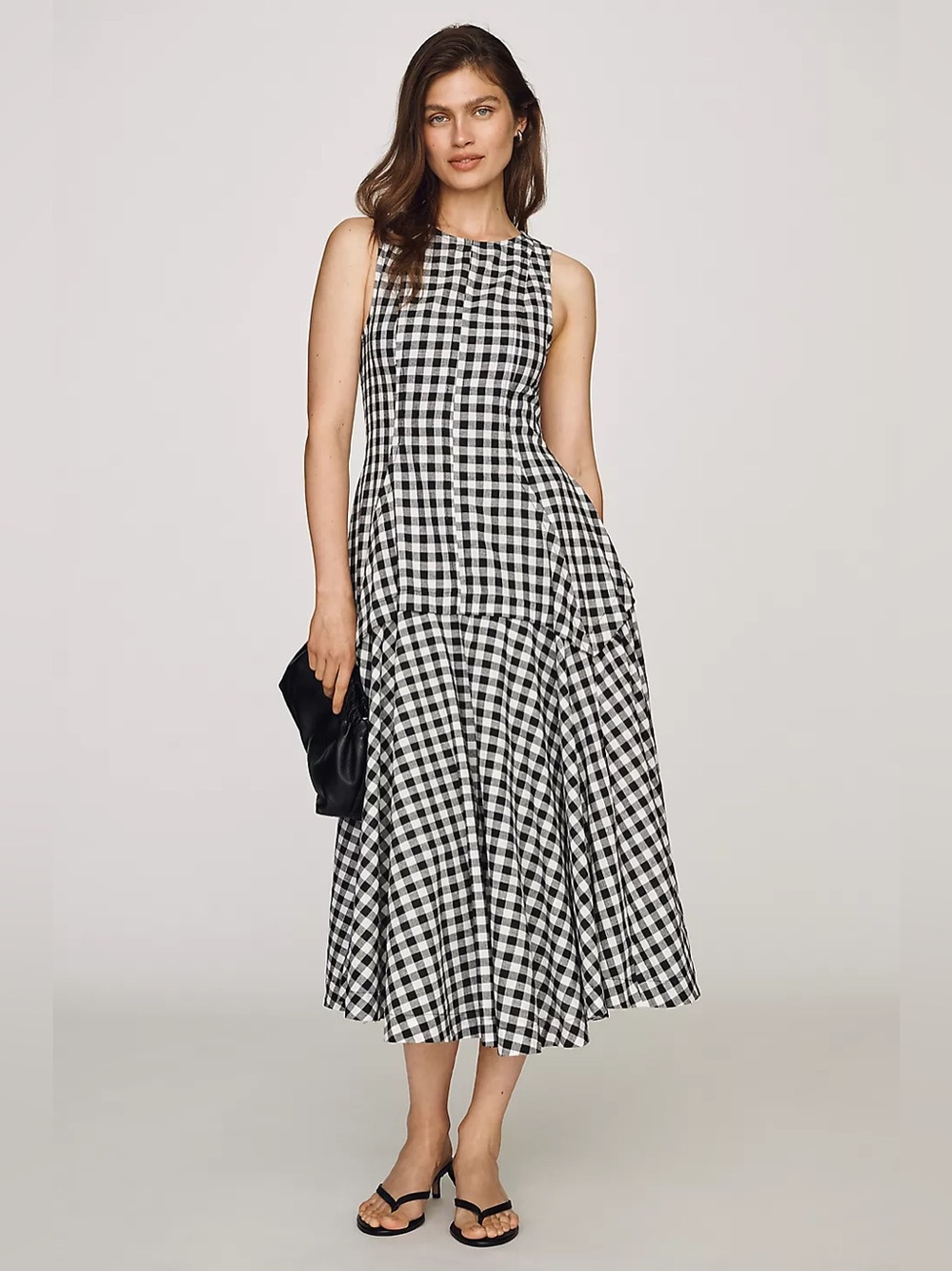 a.ren Maelle Drop-Waist Gingham Midi Dress In Black & White Size S NWT